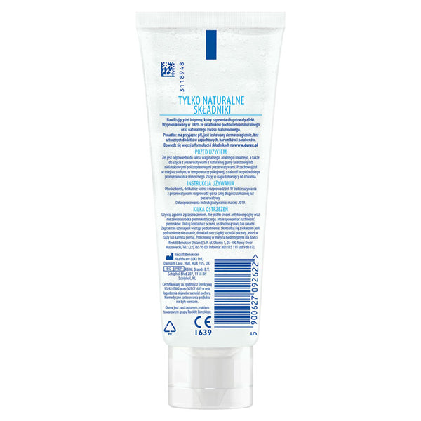 A back-facing image of the Durex Naturals Hyaluro 100ml tube. The packaging is white with a bright blue diagonal leaf graphic covered in water droplets and a '100% Natural Ingredients' seal.