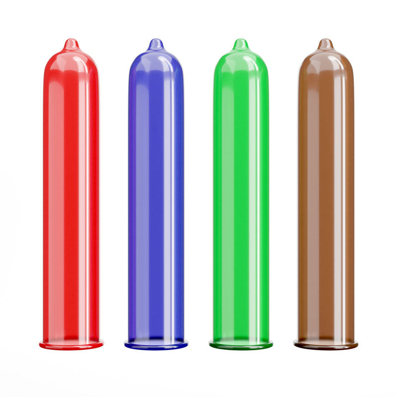 Four coloured Pasante Taste Flavours condoms are shown in a row against a white background: red, blue, green, and brown.