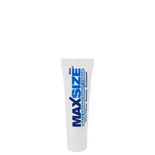 A small, 10ml travel-size white plastic tube of MaxSize Male Enhancement Cream centered against a clean white background. The tube features bold blue vertical text reading "MAXSIZE MALE ENHANCEMENT CREAM" along with the sub-bullets "More Volume," "Intensity," and "Excitement" printed in smaller font.